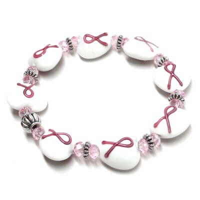 Pink Ribbon 16mm Large Glass Heart Stretch Elastic Large Chunky Bracelet - image3